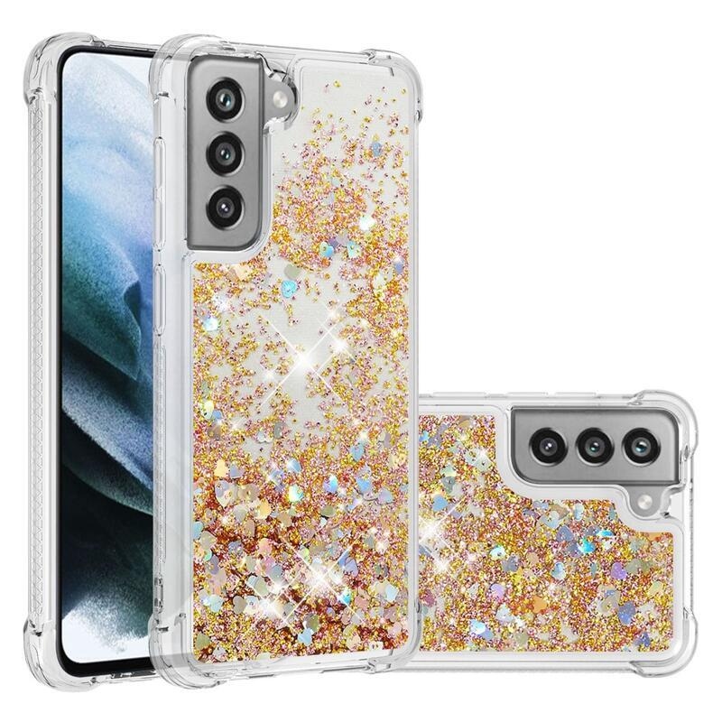 Glitter presýpací gélový obal na Samsung Galaxy S21 FE 5G - zlatý/srdiečka