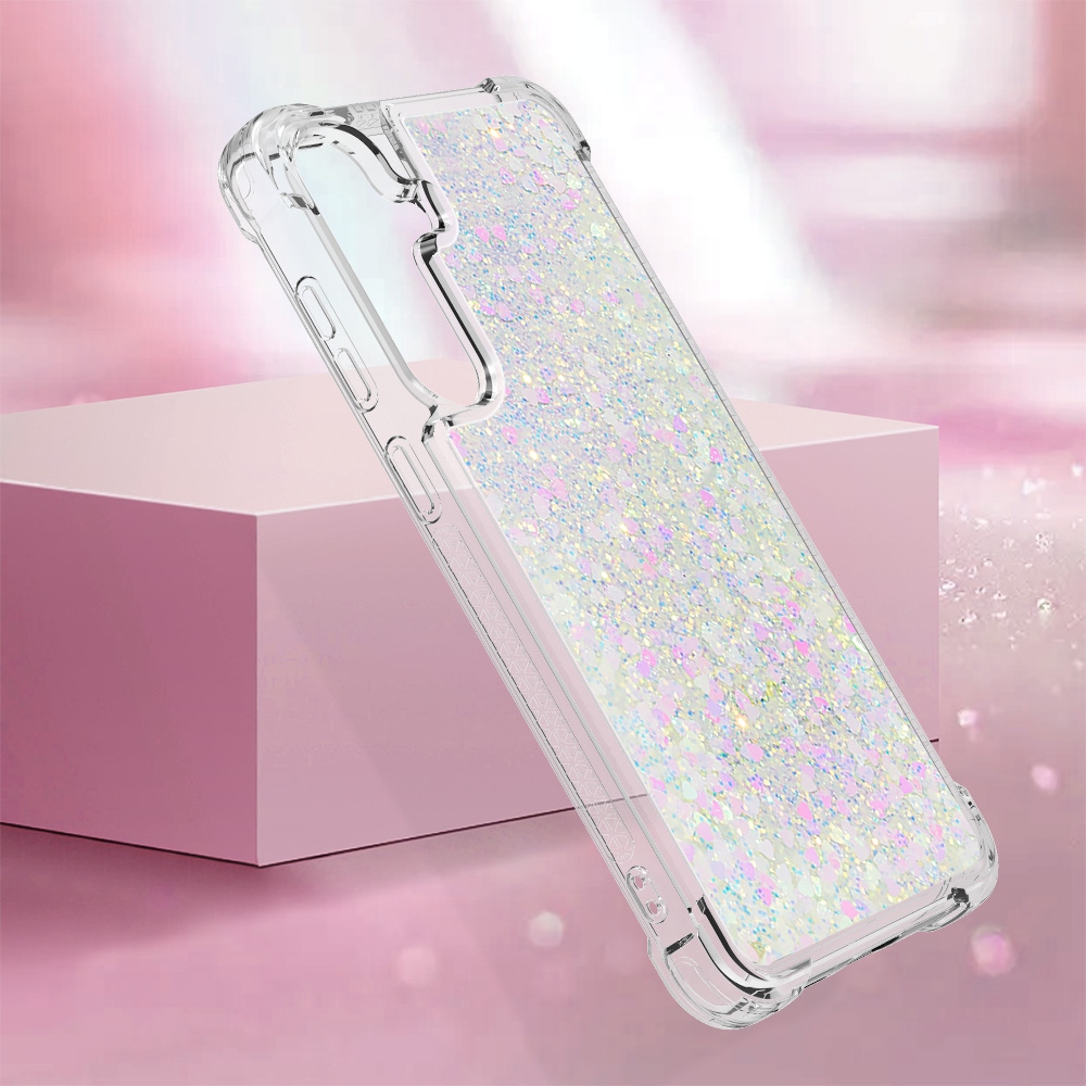 Glitter Prosýpací gélový obal na Samsung Galaxy S26 FE/S25 FE - ružovo strieborný/srdiečka