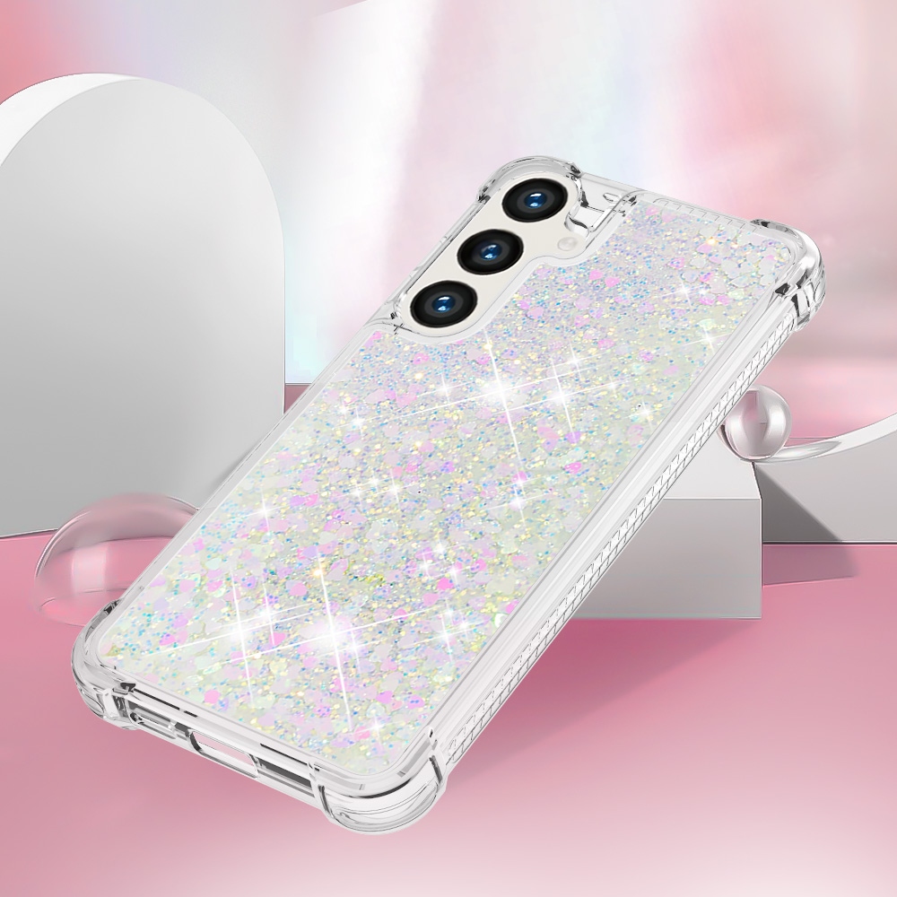 Glitter Prosýpací gélový obal na Samsung Galaxy S26 FE/S25 FE - ružovo strieborný/srdiečka