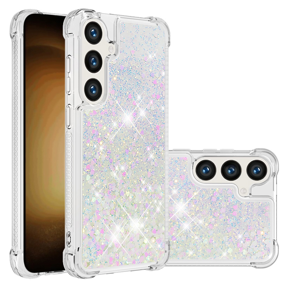 Glitter Prosýpací gélový obal na Samsung Galaxy S26 FE/S25 FE - ružovo strieborný/srdiečka