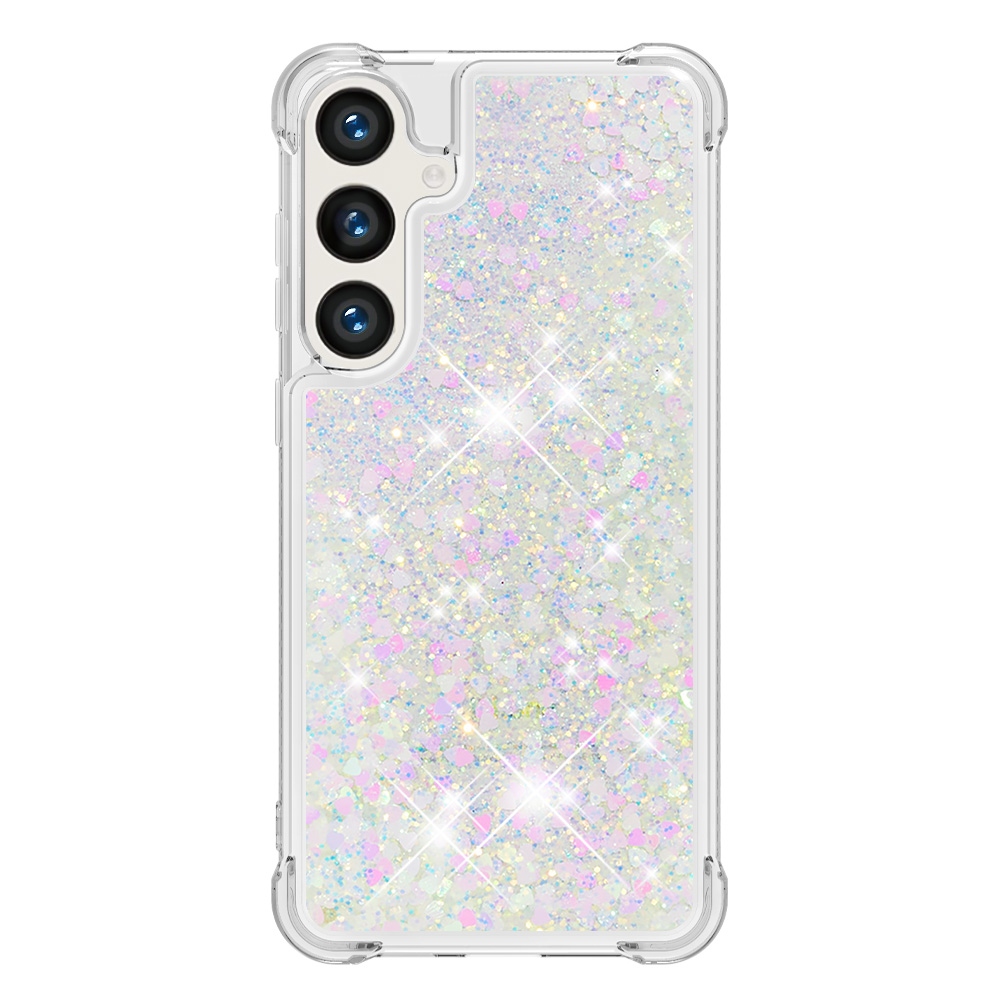 Glitter Prosýpací gélový obal na Samsung Galaxy S26 FE/S25 FE - ružovo strieborný/srdiečka