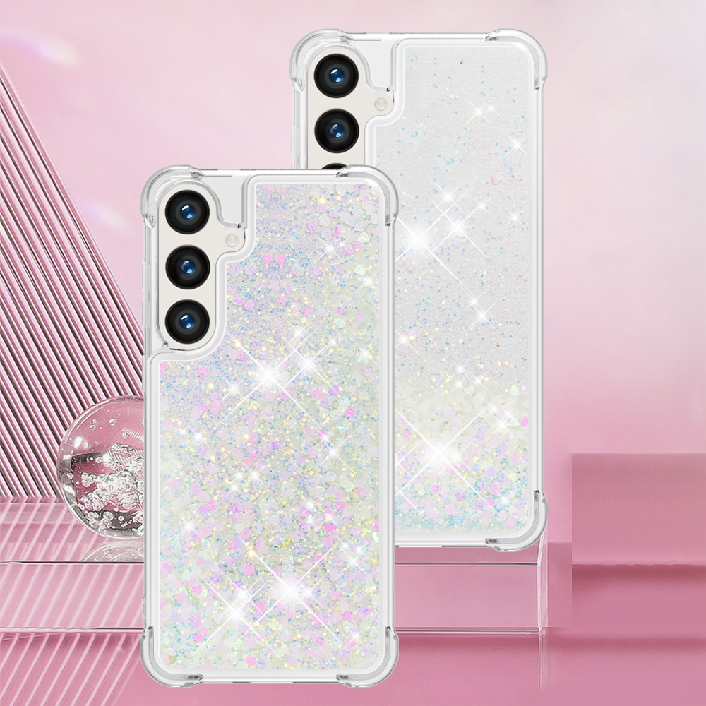 Glitter Prosýpací gélový obal na Samsung Galaxy S26 FE/S25 FE - ružovo strieborný/srdiečka