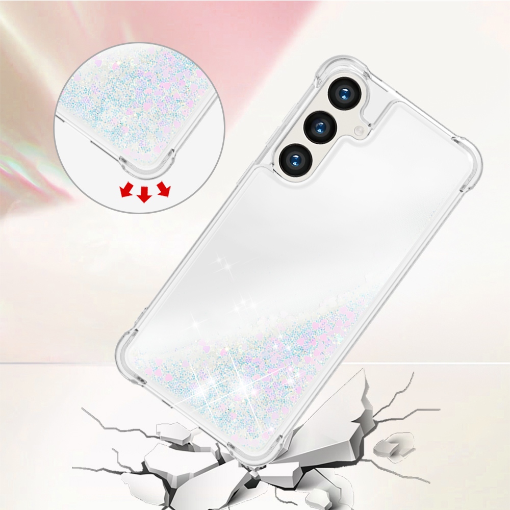 Glitter Prosýpací gélový obal na Samsung Galaxy S26 FE/S25 FE - ružovo strieborný/srdiečka