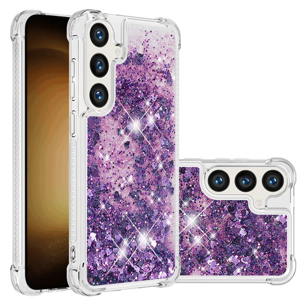 Glitter Prosýpací gélový obal na Samsung Galaxy S26 FE/S25 FE - tmavofialový/srdiečka