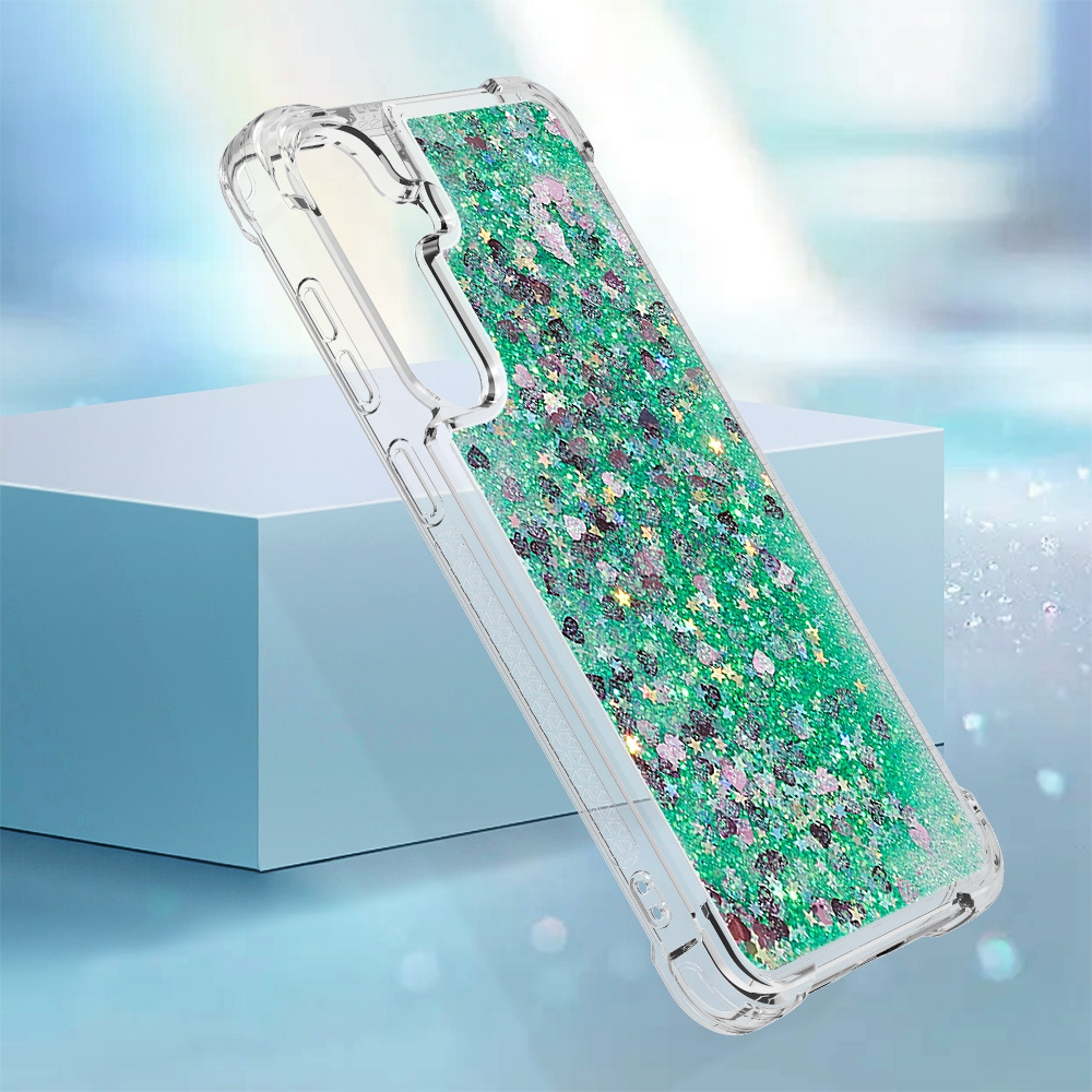 Glitter Prosýpacie gélový obal na Samsung Galaxy S26 FE/S25 FE - zelený/srdiečka