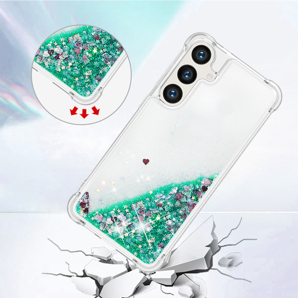 Glitter Prosýpacie gélový obal na Samsung Galaxy S26 FE/S25 FE - zelený/srdiečka