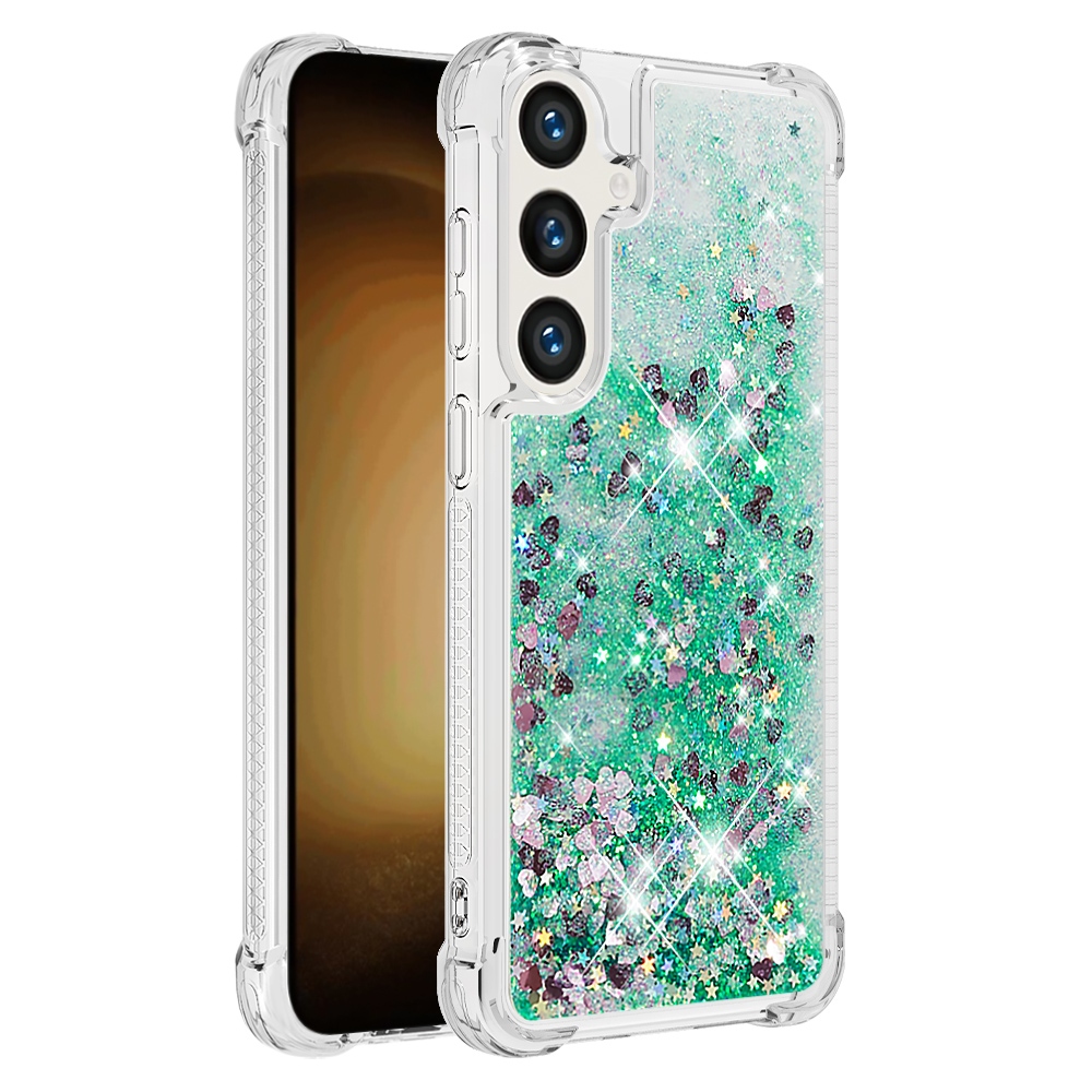 Glitter Prosýpacie gélový obal na Samsung Galaxy S26 FE/S25 FE - zelený/srdiečka