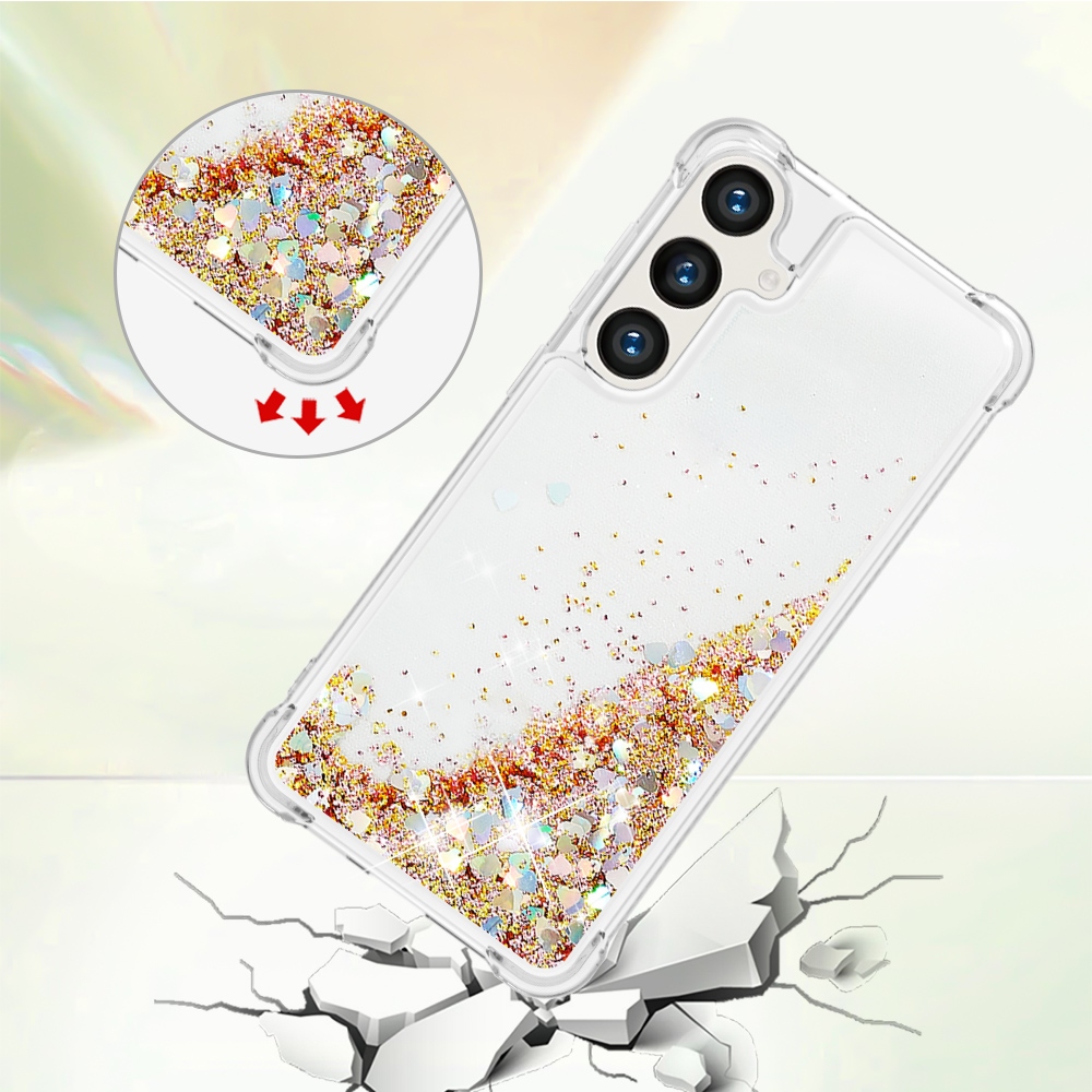 Glitter Prosýpací gélový obal na Samsung Galaxy S26 FE/S25 FE - zlatý/srdiečka