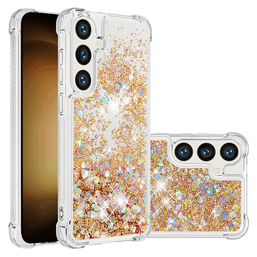 Glitter Prosýpací gélový obal na Samsung Galaxy S26 FE/S25 FE - zlatý/srdiečka