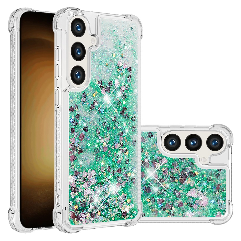 Glitter presýpacie gélový obal na Samsung Galaxy S26/S26 Pro - zelený/srdiečka