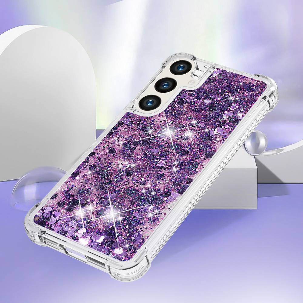 Glitter presýpací gélový obal na Samsung Galaxy S26+ - tmavofialový/srdiečka