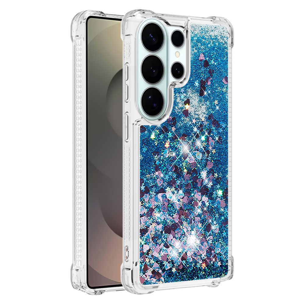 Glitter presýpacie gélový obal na Samsung Galaxy S26 Ultra - modrý/srdiečka