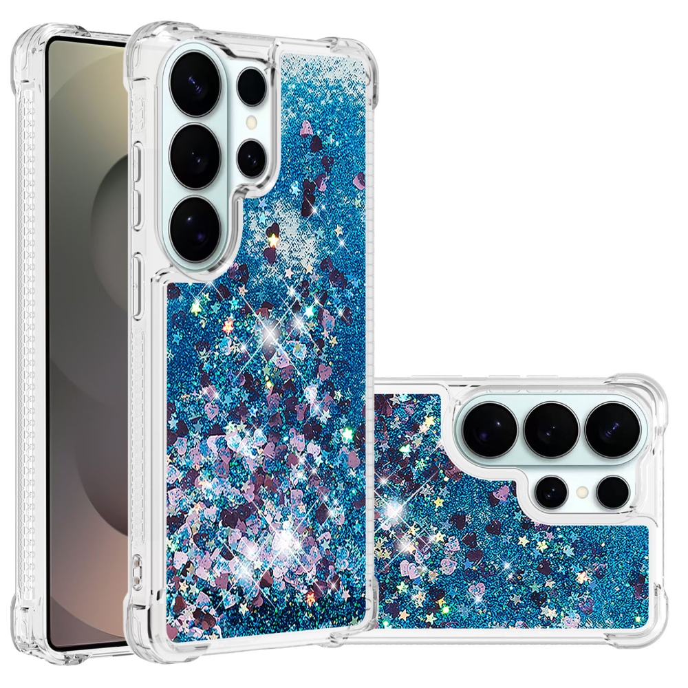 Glitter presýpacie gélový obal na Samsung Galaxy S26 Ultra - modrý/srdiečka