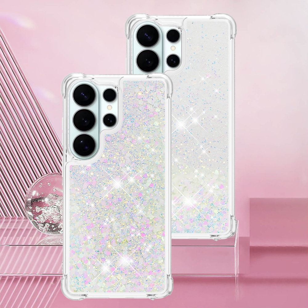 Glitter presýpacie gélový obal na Samsung Galaxy S26 Ultra - ružovo strieborný/srdiečka