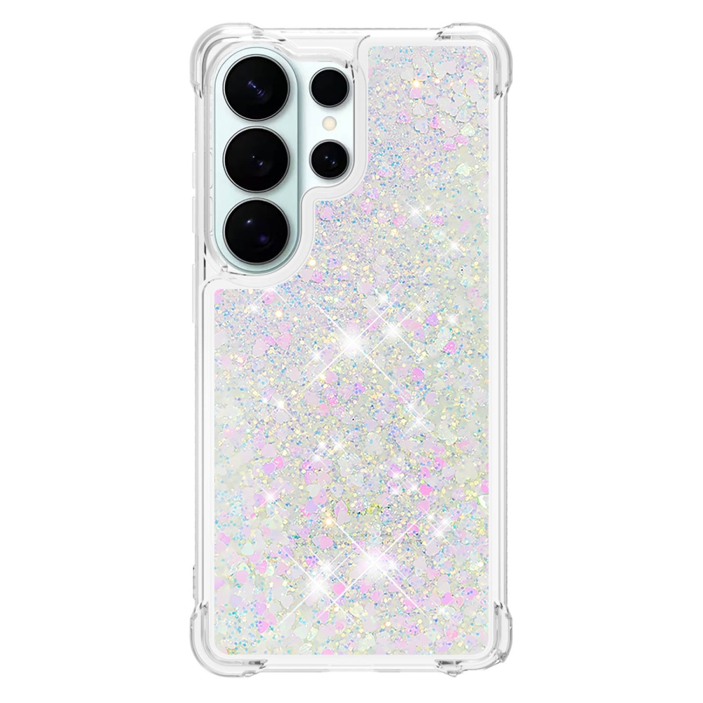 Glitter presýpacie gélový obal na Samsung Galaxy S26 Ultra - ružovo strieborný/srdiečka