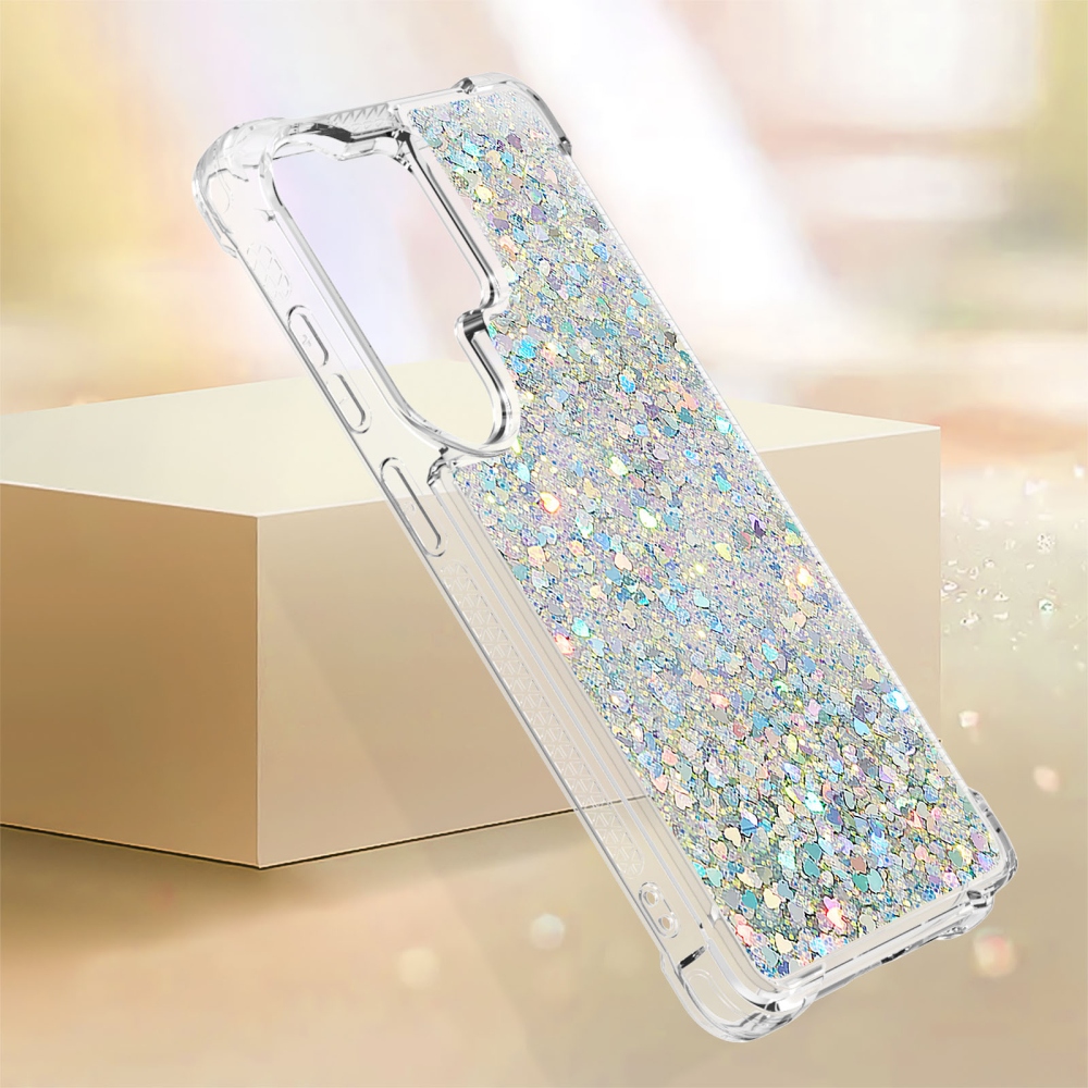 Glitter presýpacie gélový obal na Samsung Galaxy S26 Ultra - strieborný/srdiečka
