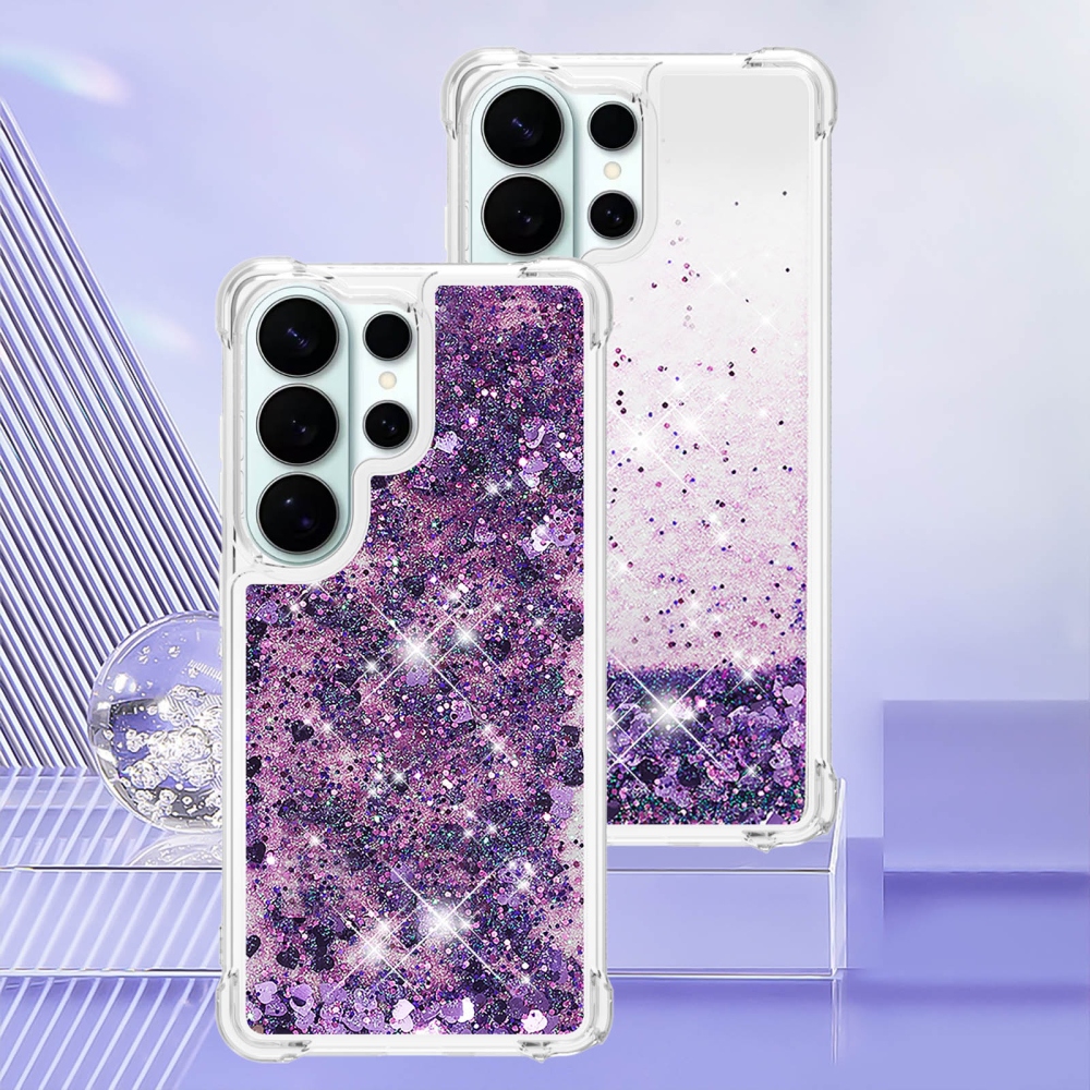 Glitter presýpací gélový obal na Samsung Galaxy S26 Ultra - tmavofialový/srdiečka