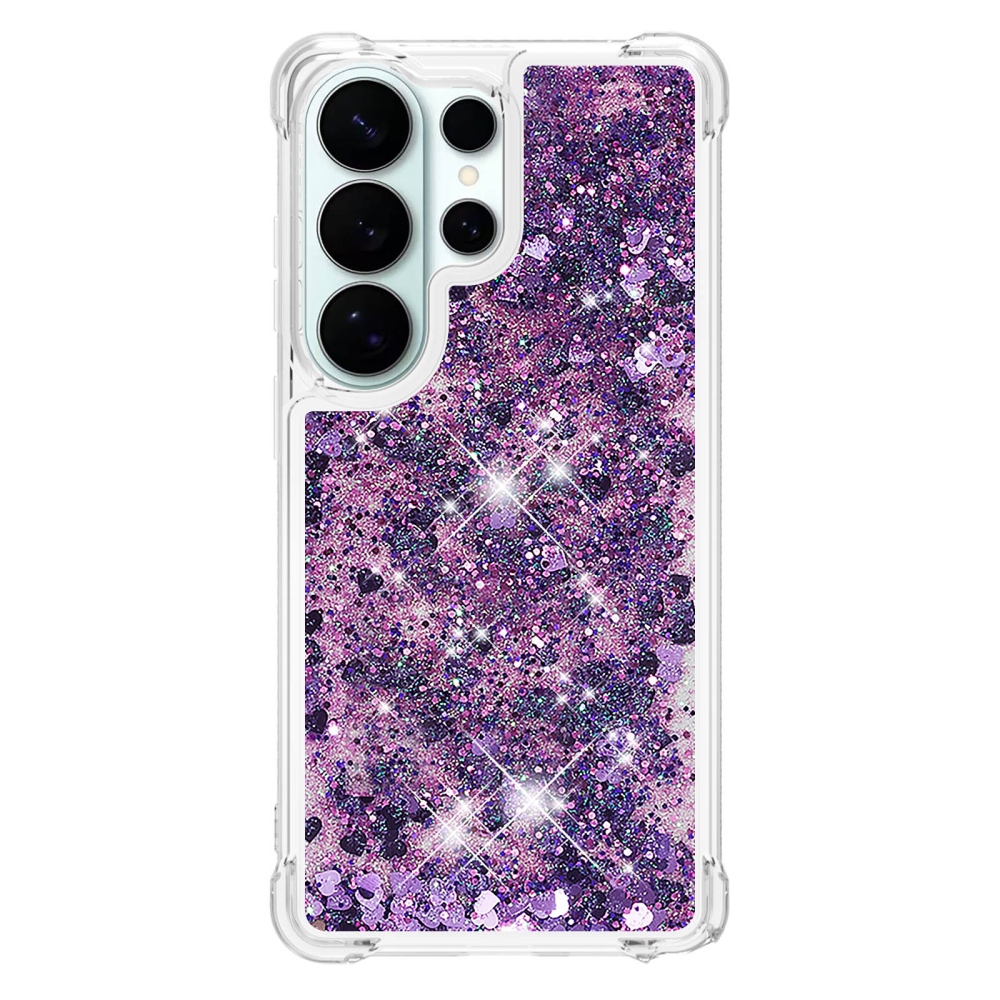 Glitter presýpací gélový obal na Samsung Galaxy S26 Ultra - tmavofialový/srdiečka