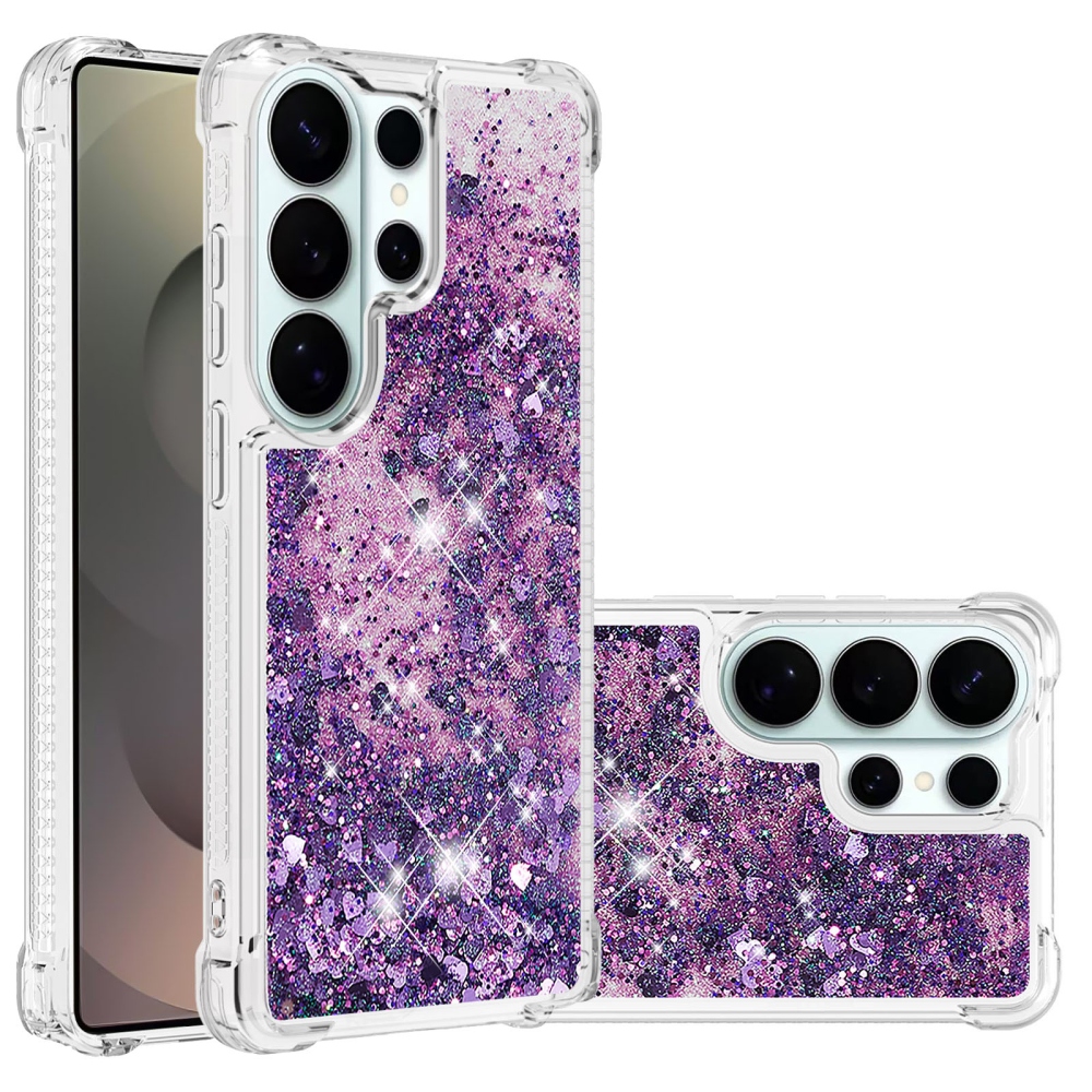 Glitter presýpací gélový obal na Samsung Galaxy S26 Ultra - tmavofialový/srdiečka