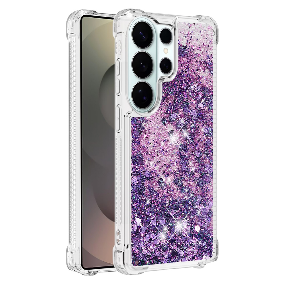 Glitter presýpací gélový obal na Samsung Galaxy S26 Ultra - tmavofialový/srdiečka