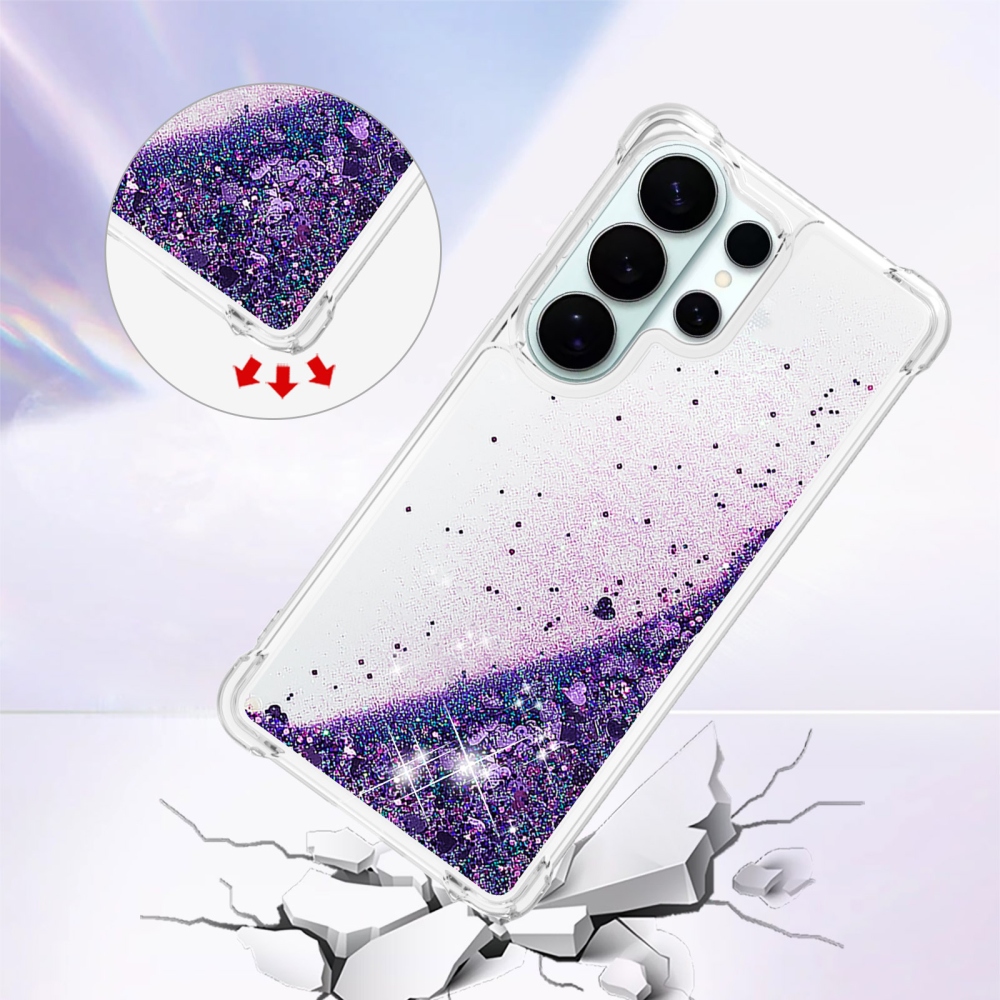 Glitter presýpací gélový obal na Samsung Galaxy S26 Ultra - tmavofialový/srdiečka