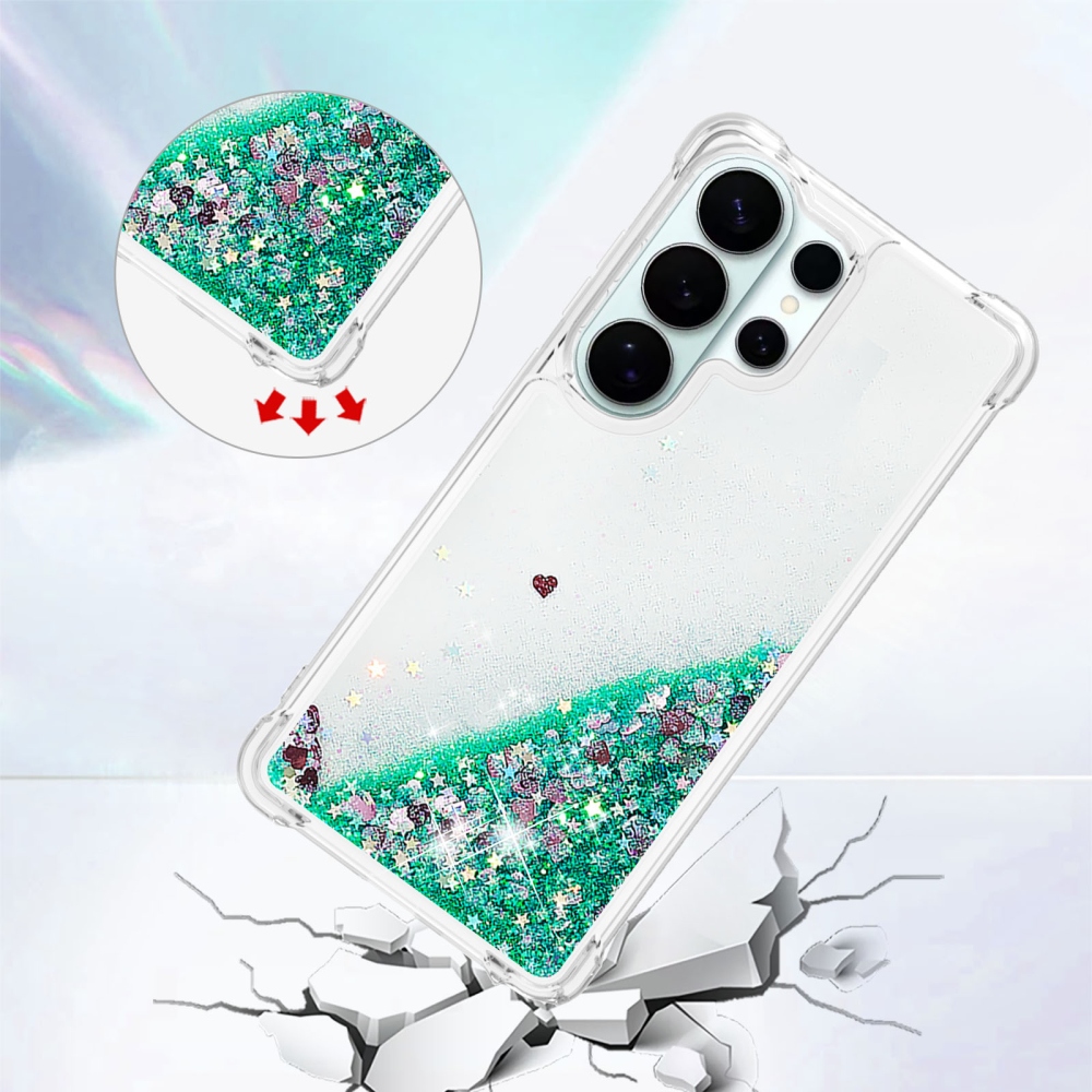 Glitter presýpacie gélový obal na Samsung Galaxy S26 Ultra - zelený/srdiečka