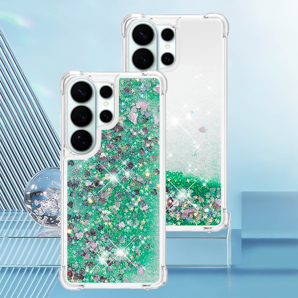 Glitter presýpacie gélový obal na Samsung Galaxy S26 Ultra - zelený/srdiečka