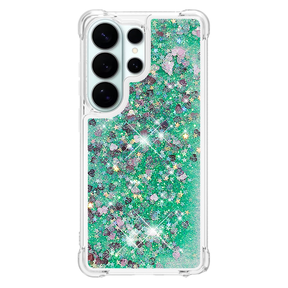 Glitter presýpacie gélový obal na Samsung Galaxy S26 Ultra - zelený/srdiečka