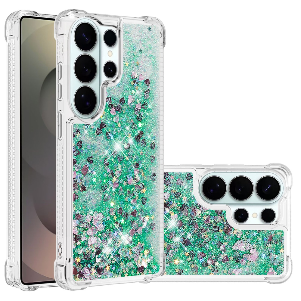 Glitter presýpacie gélový obal na Samsung Galaxy S26 Ultra - zelený/srdiečka