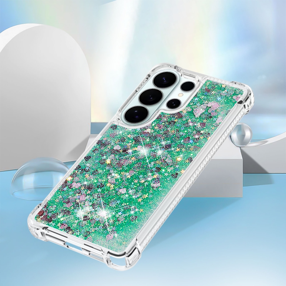 Glitter presýpacie gélový obal na Samsung Galaxy S26 Ultra - zelený/srdiečka