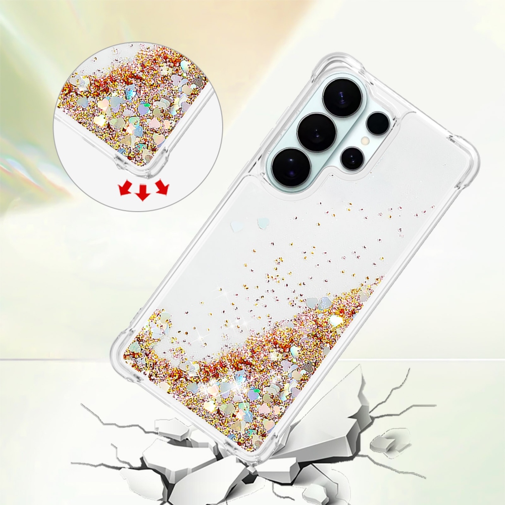 Glitter presýpacie gélový obal na Samsung Galaxy S26 Ultra - zlatý/srdiečka