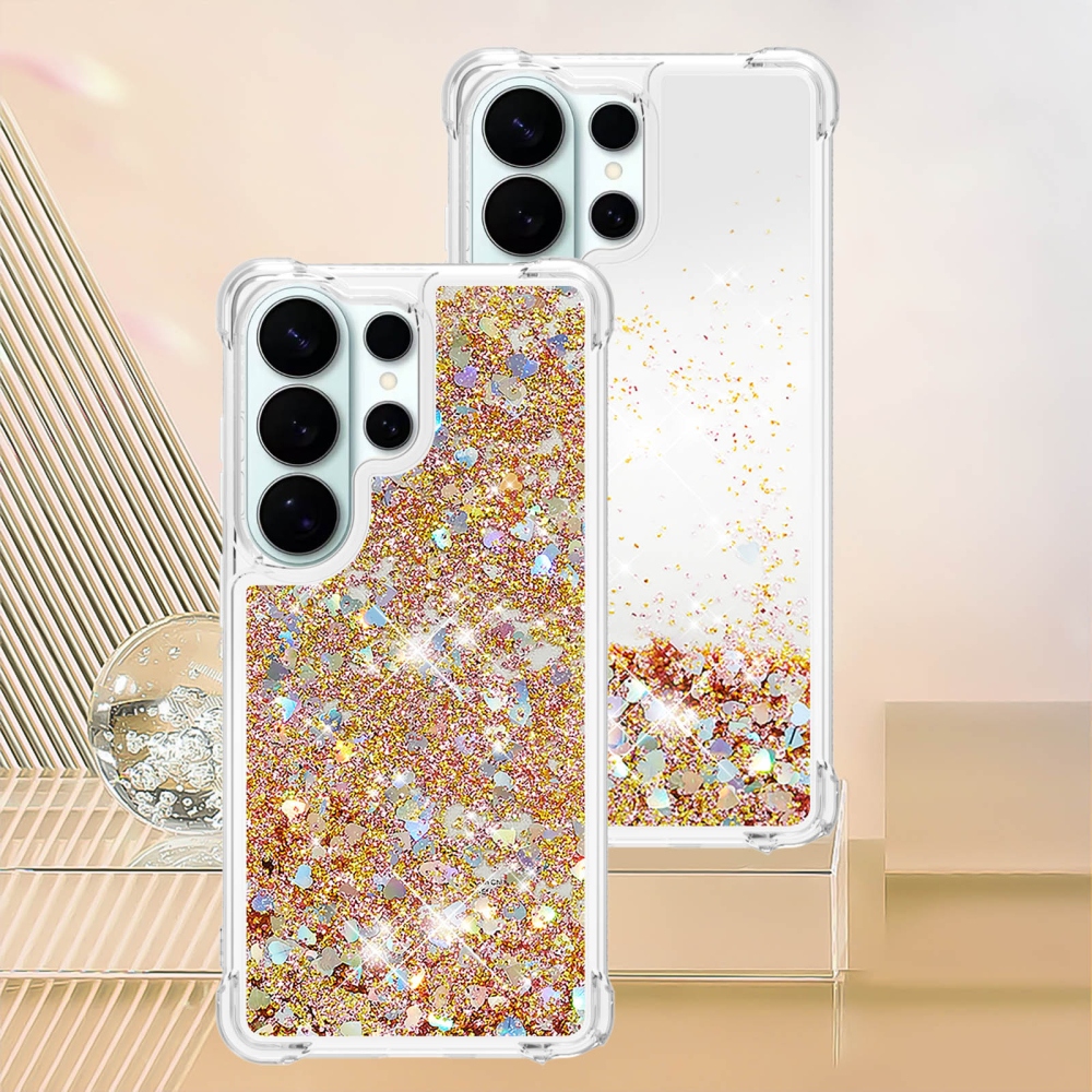 Glitter presýpacie gélový obal na Samsung Galaxy S26 Ultra - zlatý/srdiečka