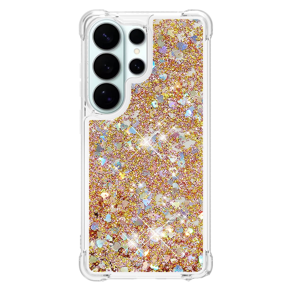 Glitter presýpacie gélový obal na Samsung Galaxy S26 Ultra - zlatý/srdiečka