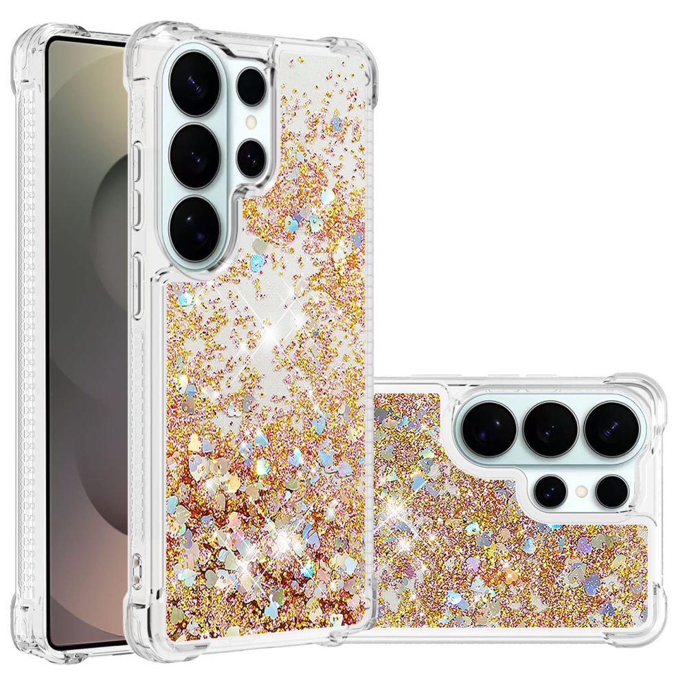 Glitter presýpacie gélový obal na Samsung Galaxy S26 Ultra - zlatý/srdiečka