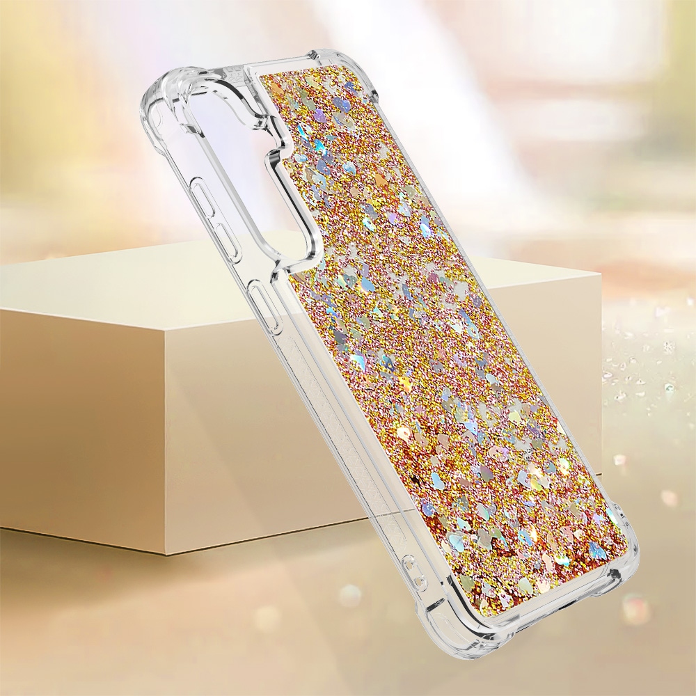 Glitter presýpací gélový obal na Samsung Galaxy S26+ - zlatý/srdiečka