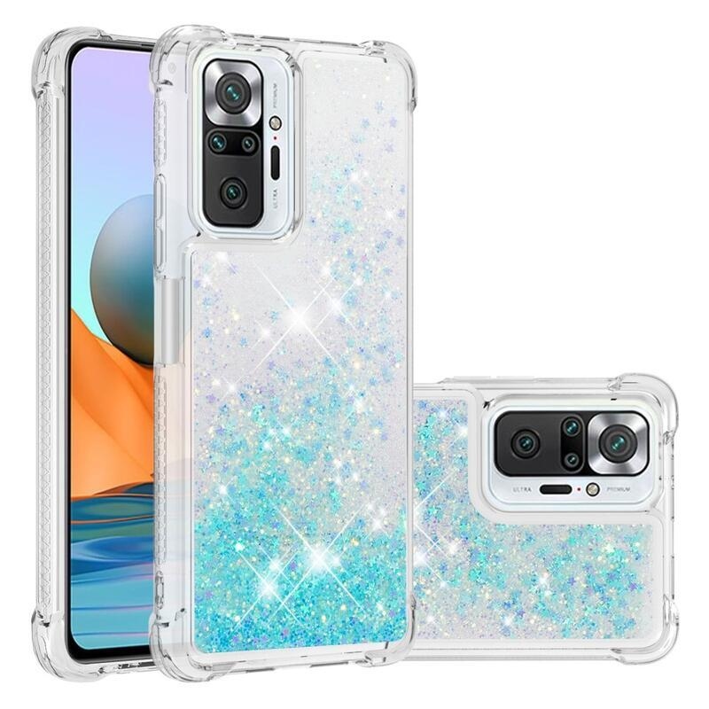 Glitter presýpací gélový obal na Xiaomi Redmi Note 10 Pro - modrý/hviezdičky