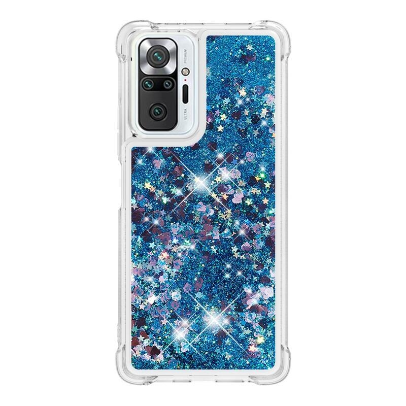 Glitter presýpací gélový obal na Xiaomi Redmi Note 10 Pro - modrý/srdiečka