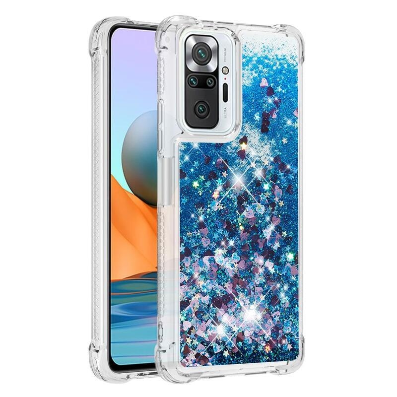 Glitter presýpací gélový obal na Xiaomi Redmi Note 10 Pro - modrý/srdiečka