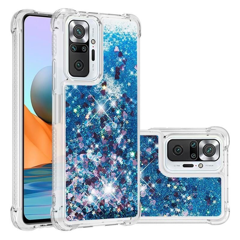 Glitter presýpací gélový obal na Xiaomi Redmi Note 10 Pro - modrý/srdiečka