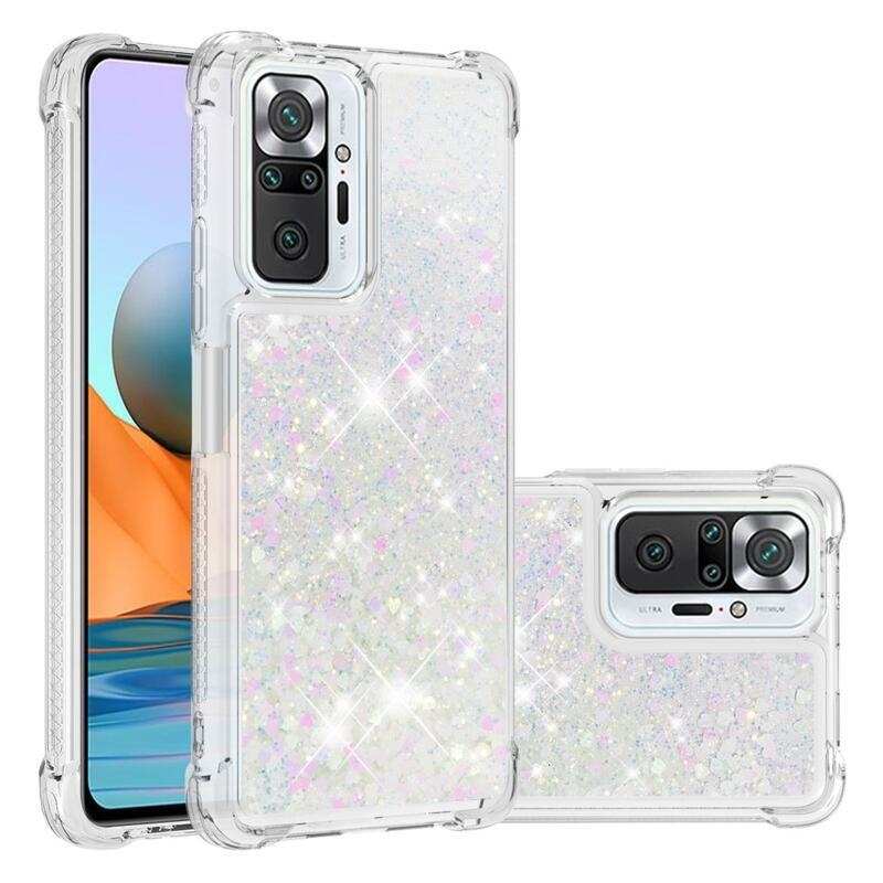 Glitter presýpací gélový obal na Xiaomi Redmi Note 10 Pro - ružovostrieborný/srdiečka