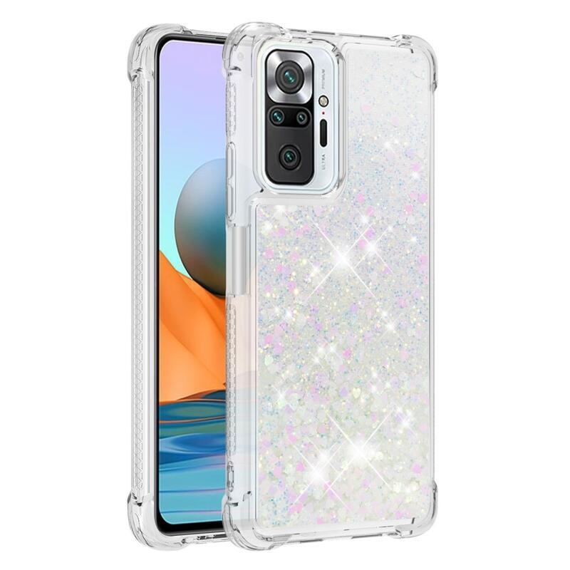 Glitter presýpací gélový obal na Xiaomi Redmi Note 10 Pro - ružovostrieborný/srdiečka