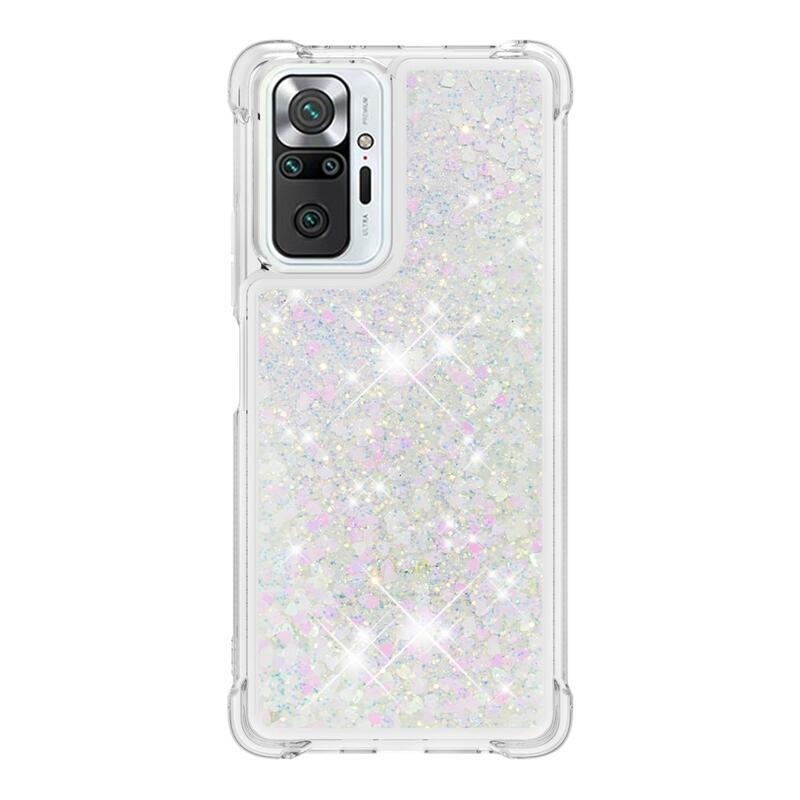 Glitter presýpací gélový obal na Xiaomi Redmi Note 10 Pro - ružovostrieborný/srdiečka