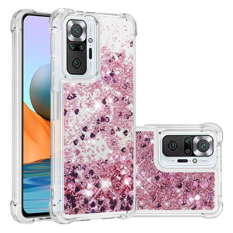 Glitter presýpací gélový obal na Xiaomi Redmi Note 10 Pro - ružovozlatý/srdiečka