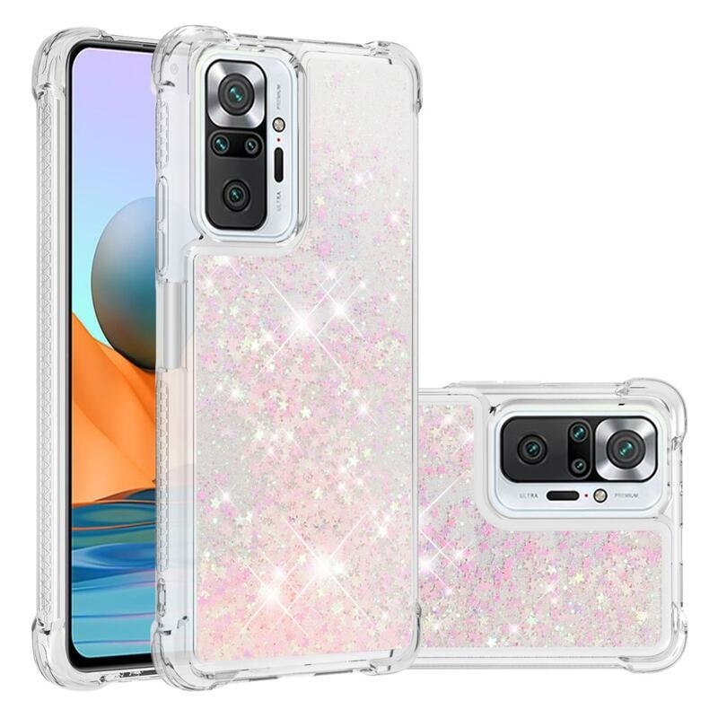 Glitter presýpací gélový obal na Xiaomi Redmi Note 10 Pro - ružový/hviezdičky