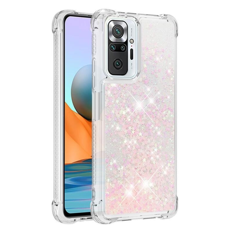 Glitter presýpací gélový obal na Xiaomi Redmi Note 10 Pro - ružový/hviezdičky