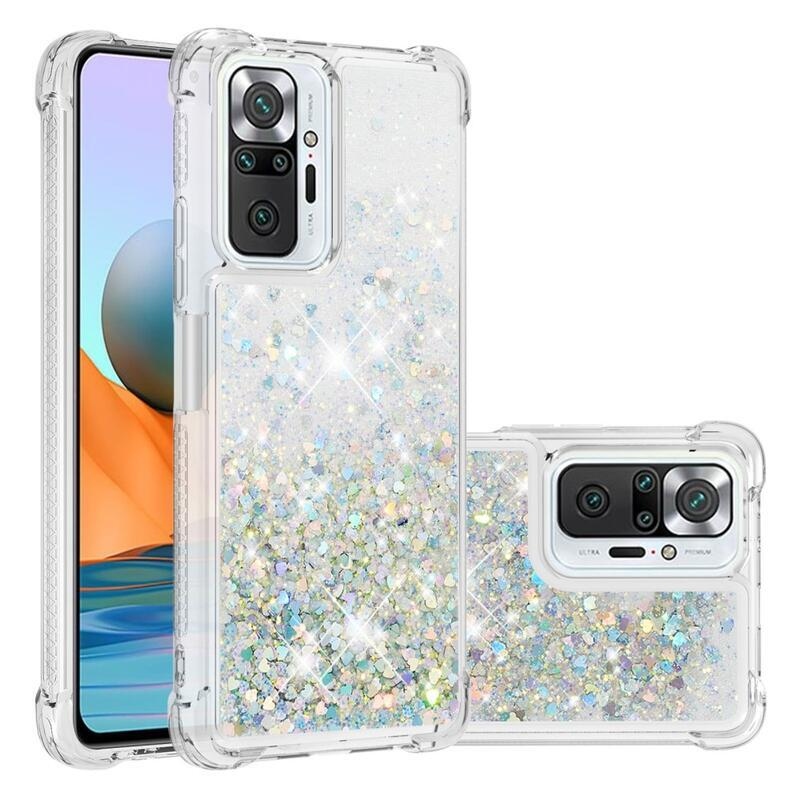 Glitter presýpací gélový obal na Xiaomi Redmi Note 10 Pro - strieborný/srdiečka