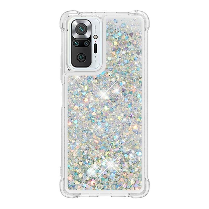 Glitter presýpací gélový obal na Xiaomi Redmi Note 10 Pro - strieborný/srdiečka