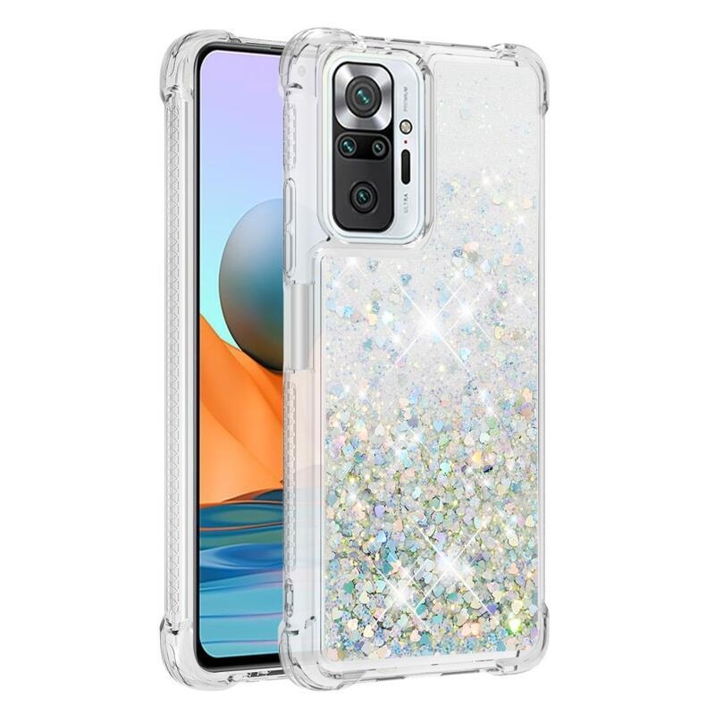 Glitter presýpací gélový obal na Xiaomi Redmi Note 10 Pro - strieborný/srdiečka