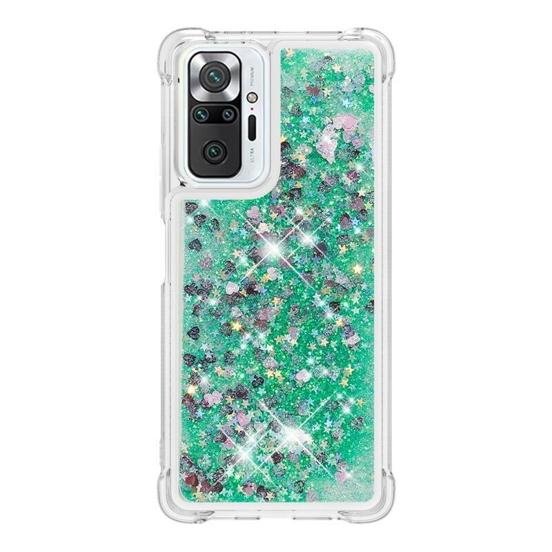 Glitter presýpací gélový obal na Xiaomi Redmi Note 10 Pro - zelený/srdiečka