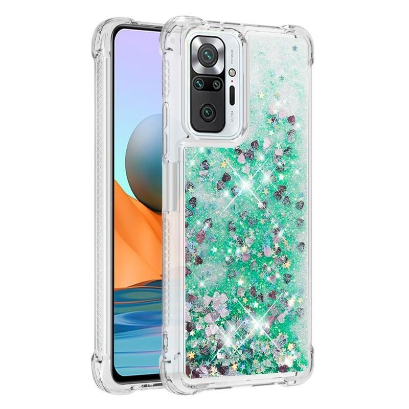 Glitter presýpací gélový obal na Xiaomi Redmi Note 10 Pro - zelený/srdiečka